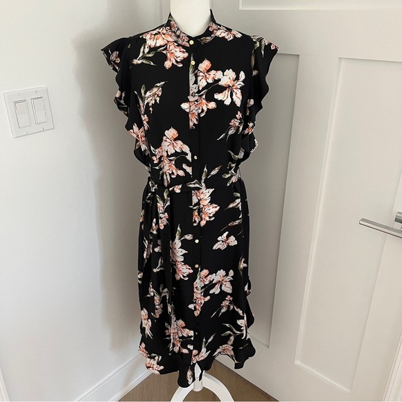 EUC Ralph Lauren Black & Orange Floral Dress Ruffled-Hem Crepe Dress Sz 10 *Q18 - Picture 3 of 7